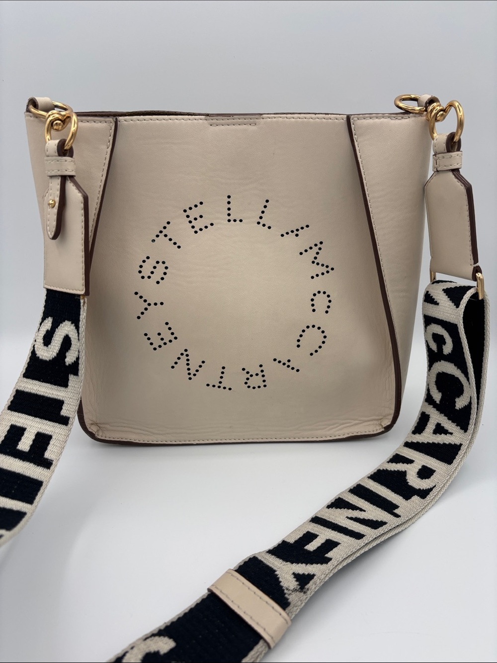 Authentic Stella McCartney Perforated Logo Crossbody with Branded Strap - Ivory